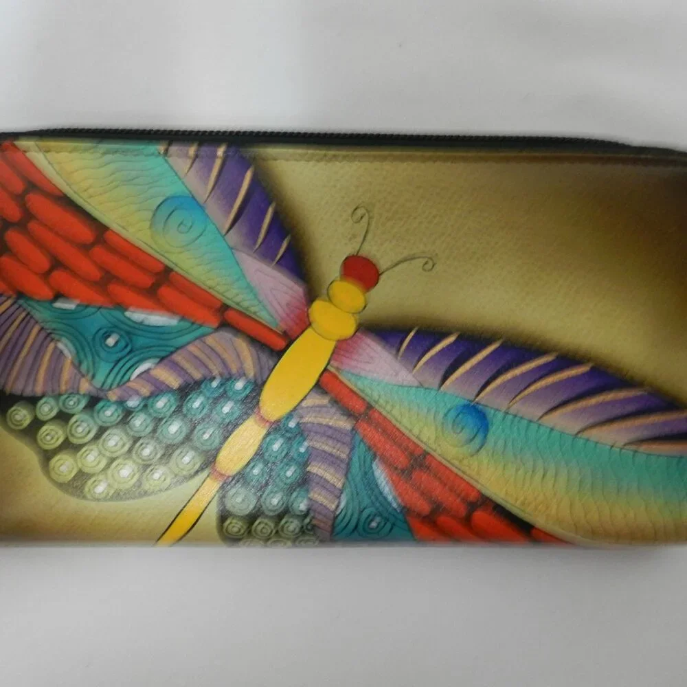Anuschka Leather Butterfly clutch Zip around Hand painted wallet 8.5